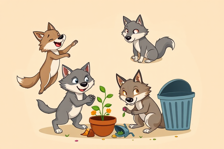 Create a cartoon illustration of four playful wolves in a circular sequence: one wolf joyfully jumping, another planting flowers, one looking mischievous with a broken pot, and a final wolf rummaging through a trash can, using a Canon EOS R5 with a 24-70mm f/2.8 lens, wide-angle view, vibrant colors, and high contrast for enhanced clarity.