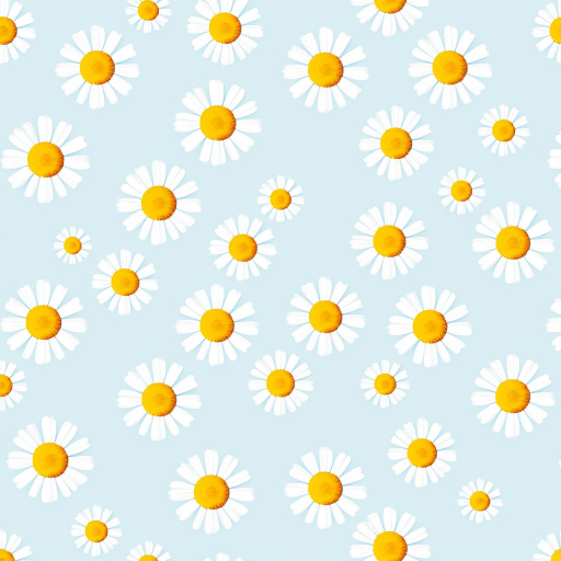 Create a seamless pattern featuring a light blue background filled with white daisies. Each daisy should have a bright yellow center and a simple, clean design. The flowers should be evenly spaced, creating a harmonious and cheerful floral pattern.