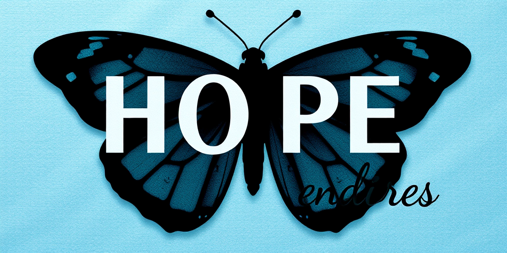 Create an artistic image featuring a large butterfly silhouette with the word HOPE in bold, modern typography and the word endures in a delicate cursive font, using a soft blue textured background; shot with a DSLR camera, 50mm lens at f/1.8, ISO 100, and natural light for a clean and vibrant appearance.