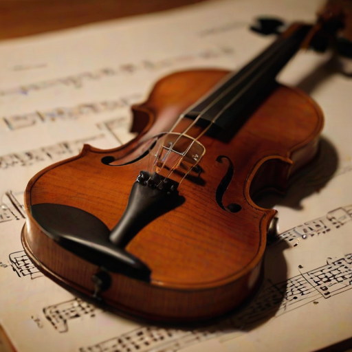 Sharp, detailed close-up of a violin resting on a sheet of music, soft light from a nearby lamp illuminating the strings, tiny details of the wood grain visible, and the sound of soft classical music in the background.