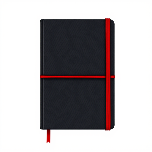 Create an illustration of a black textured notebook with a red elastic band, shot in 50mm lens, aperture f/2.8, ISO 100, natural light, front three-quarter view, high detail, realistic style.