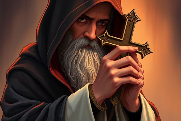 Create a highly detailed illustration of a robed figure holding a cross, set against a soft, blurred background for depth, using a DSLR camera at f/2.8 for shallow depth of field, ISO 100, with a 50mm lens to capture vibrant colors and fine textures.