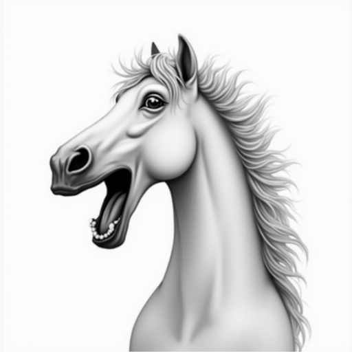 Abstract black and white acrylic portrait of an over exaggerated laughing (horse). Minimalism style. White background.