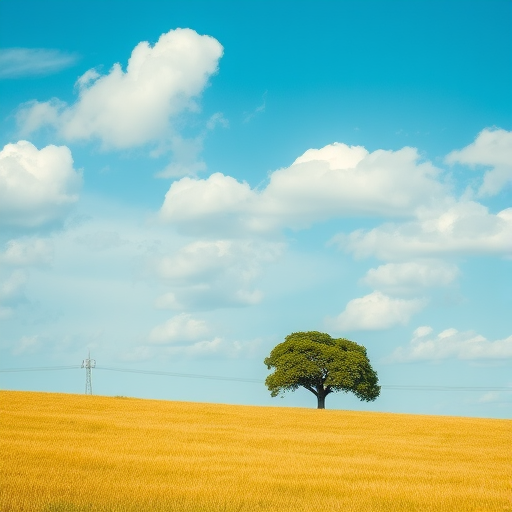 Capture a solitary tree in an open field under a bright blue sky with soft, fluffy clouds, using a DSLR camera at f/8 aperture, ISO 100, 1/200 sec shutter speed, centered composition, and landscape orientation.