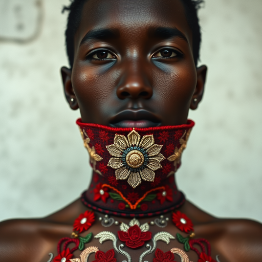 Face, shoulders, chest covered in openwork Maya embroidery. Raw, unedited image.