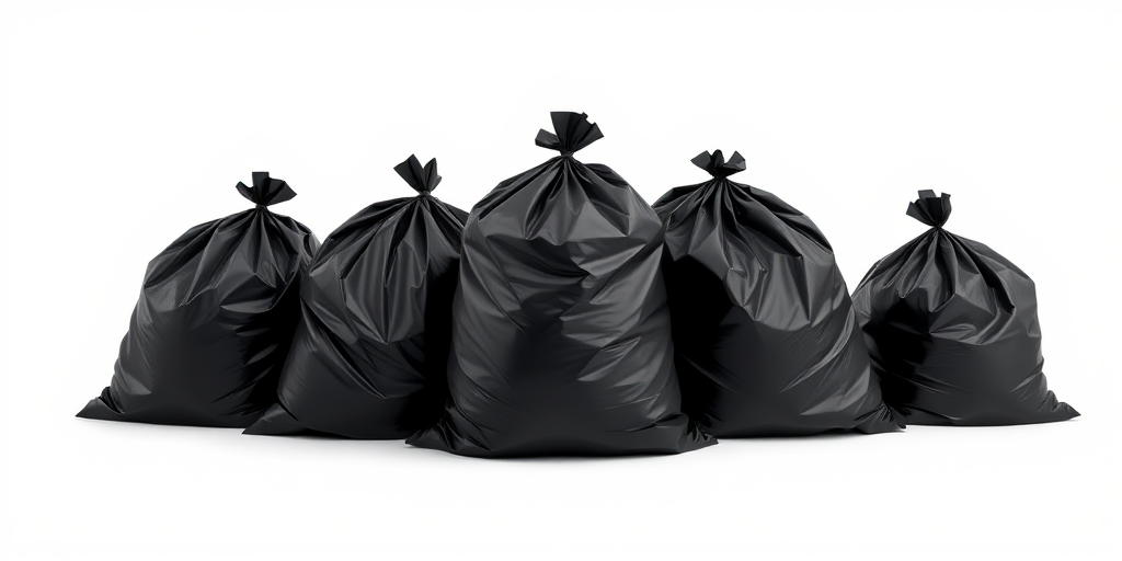 Create a high-resolution illustration of five black garbage bags stacked together against a plain background with a DSLR camera, aperture at f/4, 50mm lens, ISO 100, and soft lighting to enhance details and contrast.