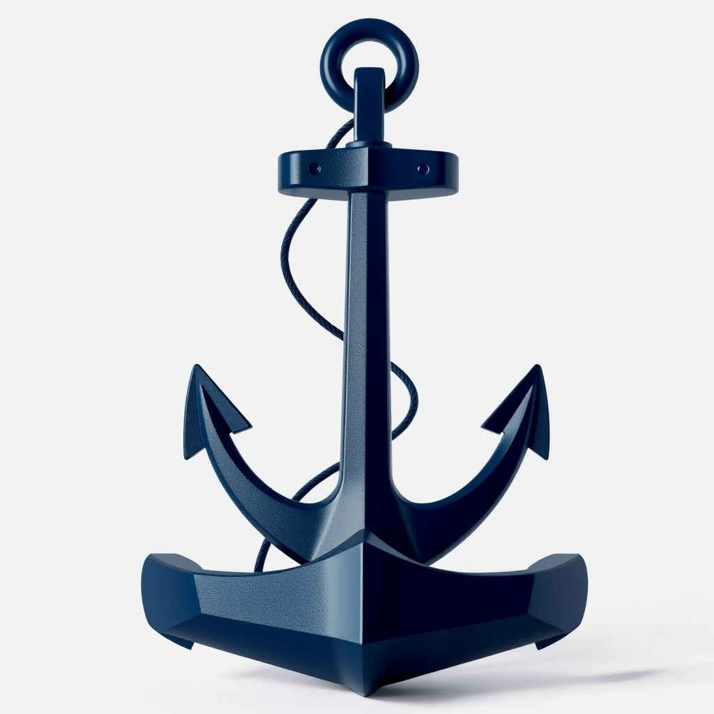 Create a high-resolution image of a stylized anchor with a dark blue color palette, using a Canon EOS R5 camera with a 50mm f/1.8 lens, aperture set to f/4, ISO 100, and soft natural lighting, capturing the anchor from a frontal view against a clean white background for a modern artistic feel.