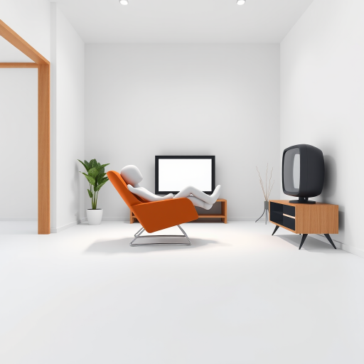 Create a 3D render of a minimalist living room scene featuring a stylized figure lounging in a modern chair facing an old-fashioned television, with a clean white background, using a DSLR camera with aperture f/2.8, shutter speed 1/125s, ISO 100, and a wide-angle lens at 24mm for enhanced image quality.