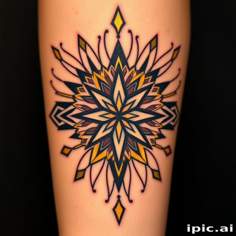 Art deco-inspired tattoo featuring symmetrical patterns, bold geometric shapes, and metallic gold accents, capturing the glamour and sophistication of the roaring twenties
