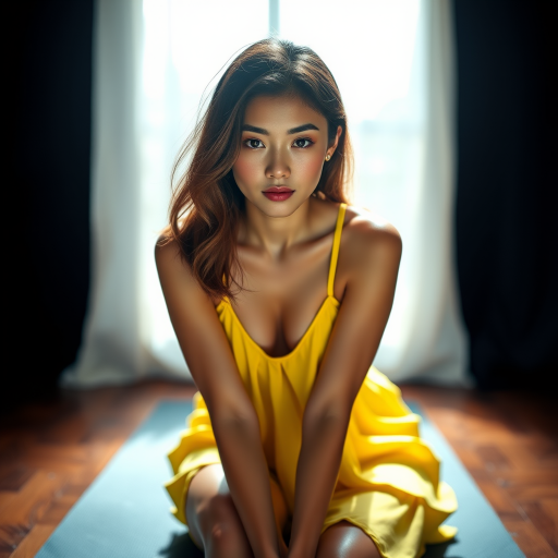 Resplendent photo of woman:Chinese:0.4, highlight hair, wearing Banana dress, sitting on Yoga mat, rim lighting, studio lighting, looking at the camera, dslr, ultra quality, sharp focus, tack sharp, dof, film grain, Fujifilm XT3, crystal clear, 8K UHD, highly detailed glossy eyes, high detailed skin, skin pores