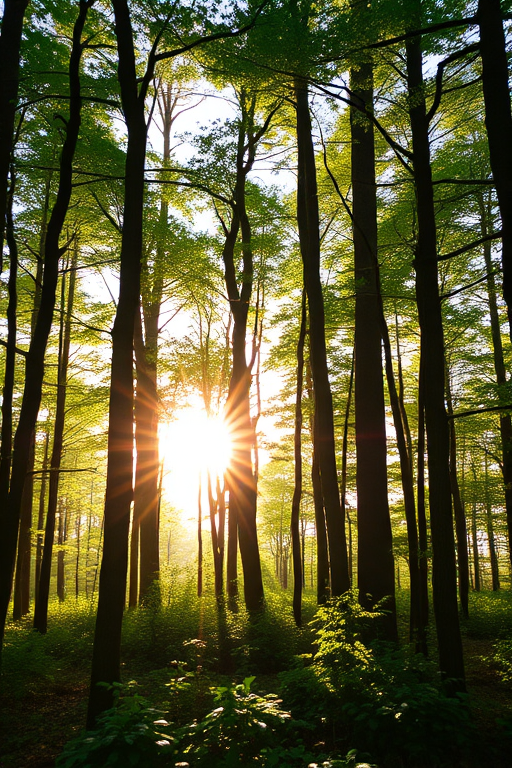 Create a high-resolution image of a serene forest scene with sunlight filtering through the trees, using a DSLR camera with a 50mm lens, aperture set to f/2.8, ISO 200, and a slight vignette effect for depth.