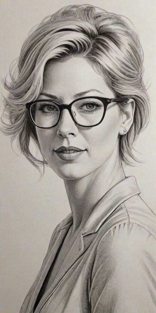 Splendid Jenna Elfman, pencil sketch, portrait of Graceful woman 1957s in glasses, hair style beatnik, outline, clear lines, fine lines, 8k