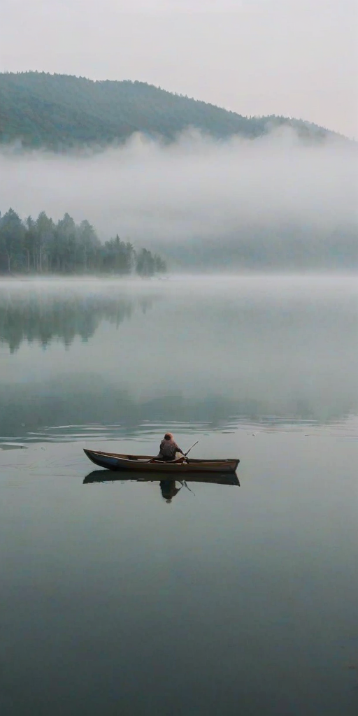Small fishing boat in a calm lake, surrounded by mist, a woman rows gently through the still water, the silence only broken by the sound of her oars.
