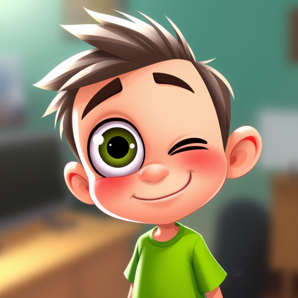 Create a whimsical cartoon character with a large eye and silly expression, wearing a vibrant green shirt, captured in a close-up view with a soft focus background, using a digital illustration style with high resolution for clarity and detail.