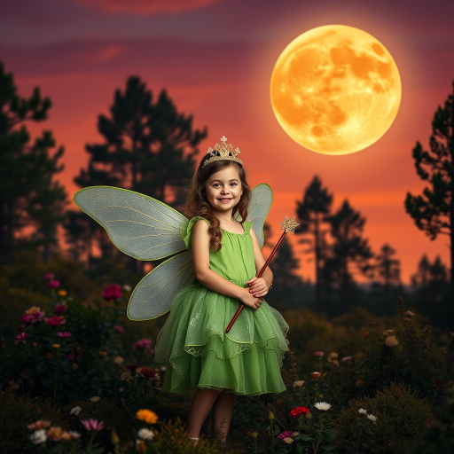 A vivid photo  taken under a bright camera flash of a fantastical scene set against a backdrop of a forest during sunset. The main subject is a girl dressed as a fairy, adorned with translucent wings and a green dress, holding a wand, her face is happy, and she wears a crown on her head. The forest behind her is a blend of flowers, shrubs and trees. The sky is painted in hues of orange and pink, with a large, glowing moon casting a warm glow over the scene. The overall color palette is dominated by earthy tones.