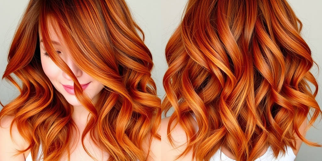 Vibrant copper-hued locks cascading in loose waves, known as "Sunset Serenade," feature subtle golden highlights throughout, creating a mesmerizing blend of warm tones that shimmer in the light, framing the face with soft tendrils and ending just below the shoulders, exuding a romantic and ethereal aura