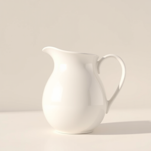 Create a realistic 3D rendering of a glossy white ceramic pitcher with soft lighting, set against a neutral backdrop, using a DSLR camera at f/8 aperture, 50mm lens, ISO 200, and 1/125 shutter speed for optimal depth of field and clarity.