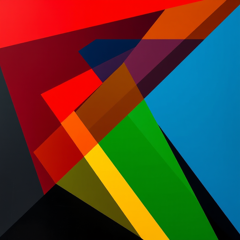 Create a vibrant abstract composition featuring overlapping geometric shapes in red, blue, yellow, green, and black with dynamic lines and angles, captured using a high-resolution DSLR camera at f/8 aperture, ISO 100, 25mm focal length, and a top-down view to emphasize the complexity and color contrast of the design.