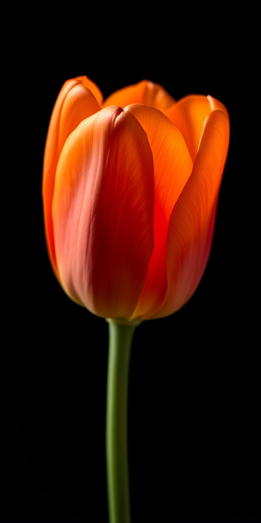 macro shot of a vibrant orange tulip with soft lighting against a dark background, aperture f/2.8, shutter speed 1/200s, ISO 100, 85mm lens, taken with a DSLR camera
