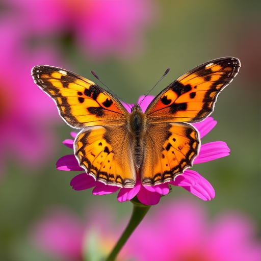 Generate an image of a butterfly resting on a vibrant pink flower. The butterfly should have orange wings with black and yellow patterns, showcasing its detailed textures. The background should be softly blurred to highlight the butterfly and the flower.