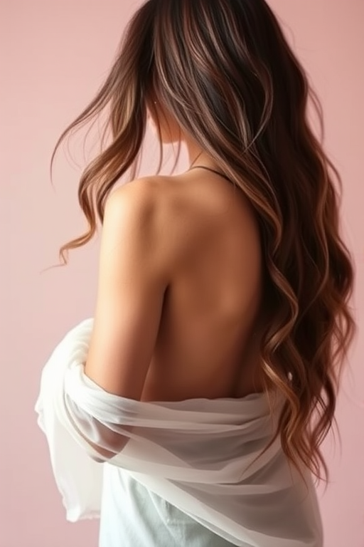 Generate a portrait of a woman with long, flowing hair standing with her back to the viewer, wearing delicate, sheer fabric draped elegantly around her arms, soft pastel background, using a DSLR camera with a 85mm lens, aperture f/1.8, ISO 100, soft focus and natural light to enhance details and texture.