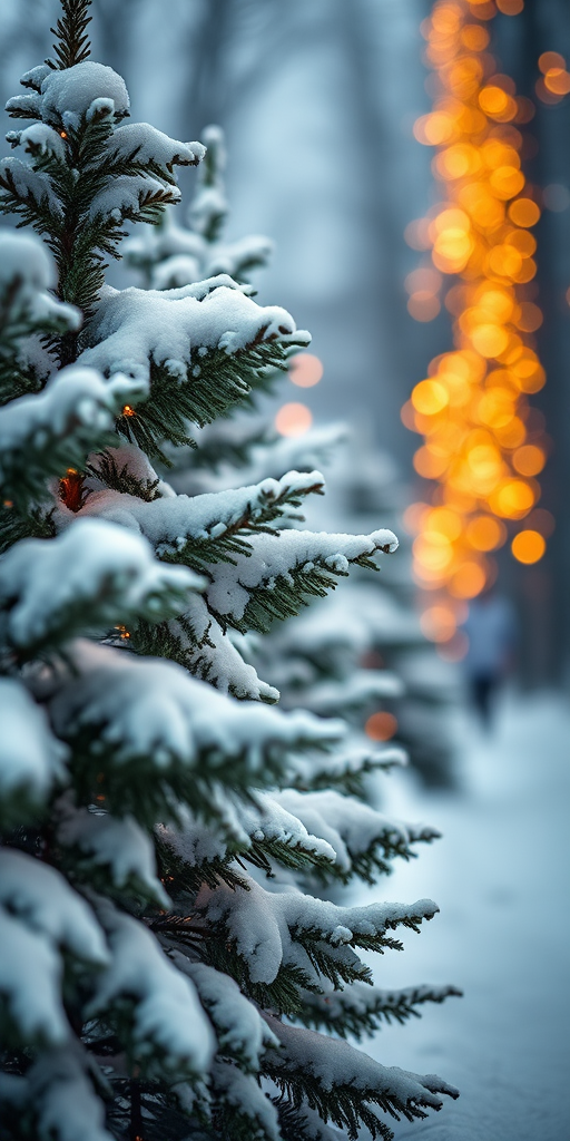 A serene winter landscape featuring snow-covered evergreen trees, golden bokeh lights softly illuminating the scene, taken with a DSLR camera at f/1.8, ISO 100, 1/250s, with a shallow depth of field and a warm color palette.