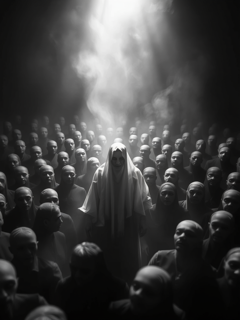 A surreal black and white image of a ghostly figure surrounded by a crowd of faceless entities, soft focus effect, dramatic lighting from above, shot with a Canon EOS R5, aperture f/2.8, ISO 400, 24mm lens, wide shot.