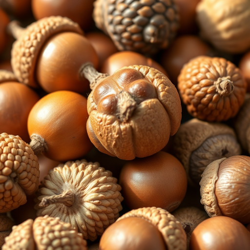 Generate a high-resolution illustration of a variety of acorns, showcasing different textures and colors, with soft natural lighting, macro lens settings, 50mm focal length, f/2.8 aperture, and a shallow depth of field for enhanced detail and clarity.