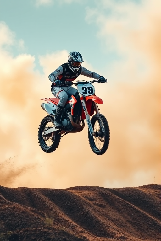 Create an action-packed image of a motocross rider performing a jump with dynamic smoke effects in the background, shot with a DSLR camera at 1/500s shutter speed, f/2.8 aperture, ISO 400, from a low angle perspective to emphasize the height and excitement of the jump, using a wide-angle lens for a dramatic effect.