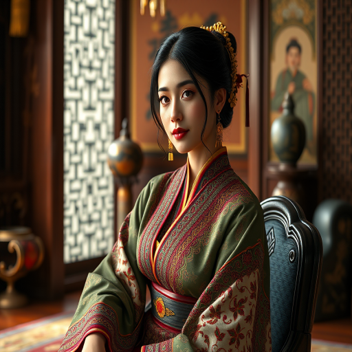 A beautiful Armenian woman in traditional East Asian attire, intricately detailed with embroidered patterns, sitting gracefully in a richly decorated room, soft ambient lighting, serene and elegant, ultra-realistic, 8K resolution