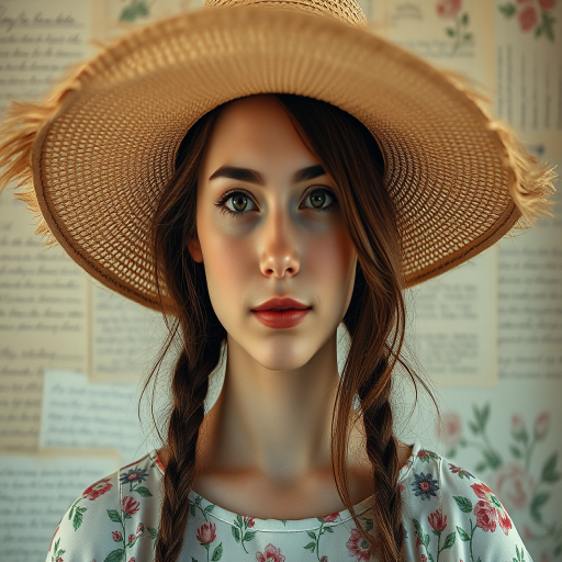 Create a portrait of a young woman wearing a wide-brimmed hat, with her face partially obscured, surrounded by a textured background of faded handwritten letters and floral patterns, captured with a Canon EOS R5 at f/1.4, ISO 100, 50mm lens, in soft natural lighting, with a shallow depth of field for a dreamy effect.