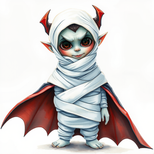 hyperrealism watercolor illustration. cute Dracula with white wrap wrapped like an upright walking mummy.