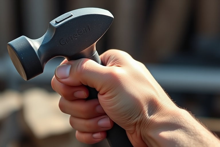 A close-up shot of a hand holding a hammer, captured with a DSLR camera at f/2.8, ISO 100, shutter speed 1/200s, in natural light, with a shallow depth of field to blur the background.