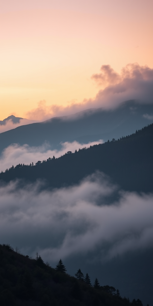 Capture a misty mountain landscape at dawn with soft pastel colors, using a DSLR camera at f/8 aperture, ISO 100, 1/250 sec shutter speed, a wide-angle lens, and an elevated viewpoint for depth and clarity.