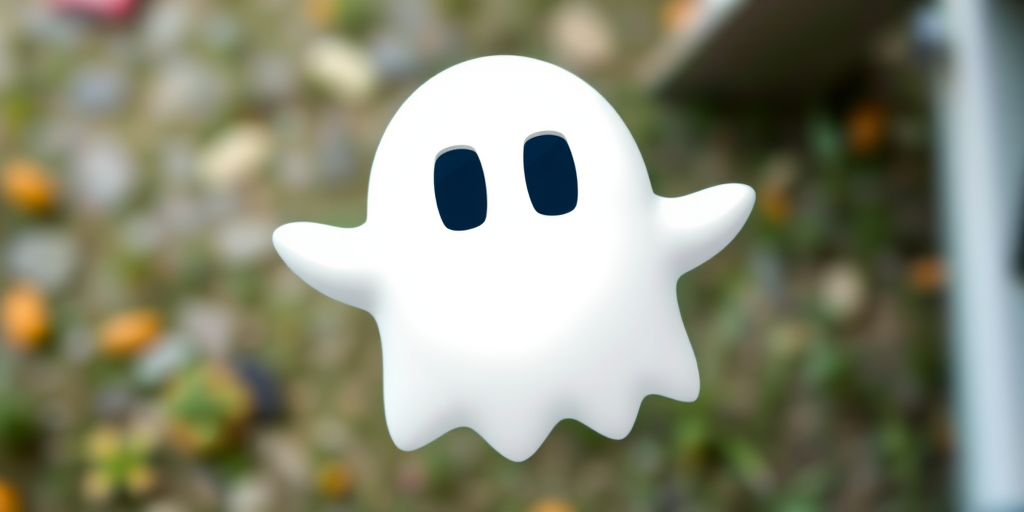 Create a high-resolution digital illustration of a cartoon ghost with two square windows for eyes, featuring a smooth white body and jagged bottom edges, shot using a DSLR camera at f/2.8 for shallow depth of field, ISO 100 for clarity, with a soft-focus background, and a top-down view for a whimsical effect.