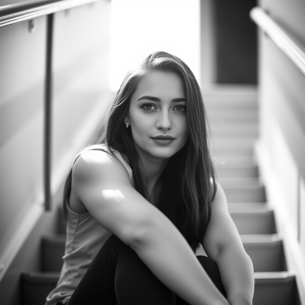 high contrast black and white portrait of a woman sitting on stairs with soft light illuminating her face, ISO 200, f/2.8 aperture, 50mm lens, shallow depth of field, natural light, DSLR camera