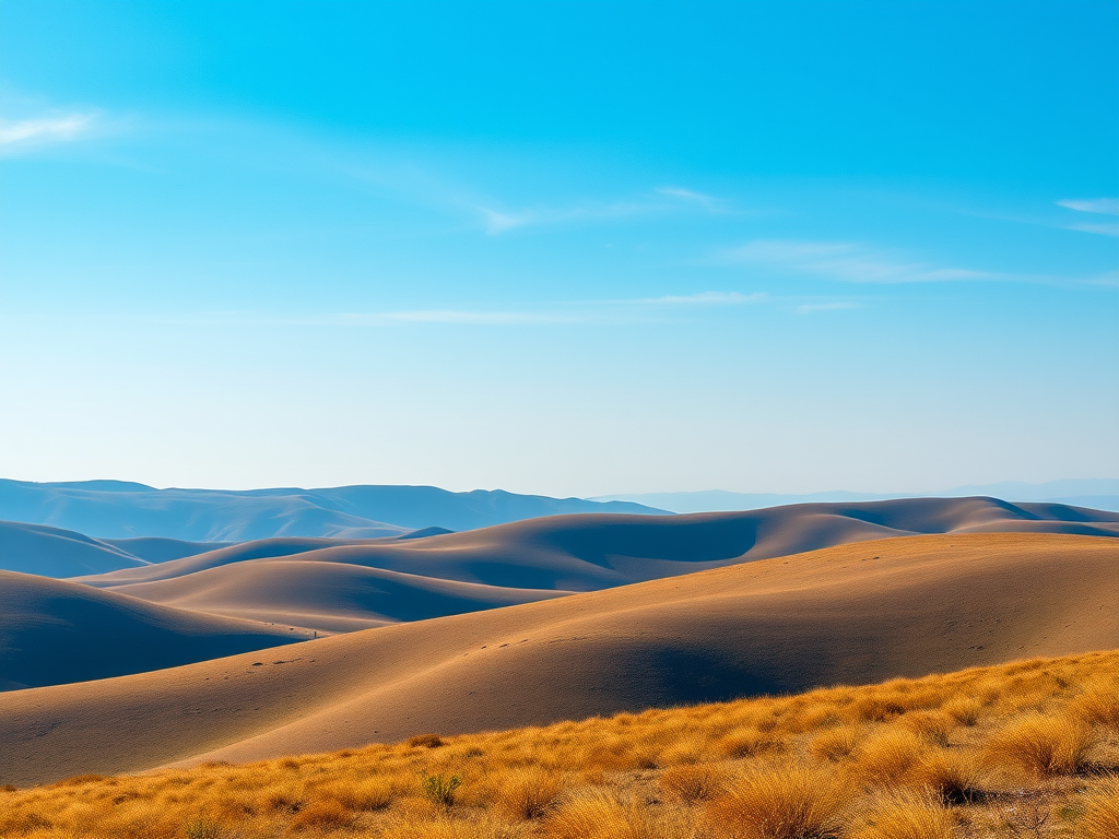 Create a high-resolution image of a serene landscape featuring rolling hills and a bright blue sky, shot with a 50mm lens at f/8, ISO 100, with a dynamic range that captures both the foreground details and vibrant colors in the background, using a DSLR camera in landscape mode.