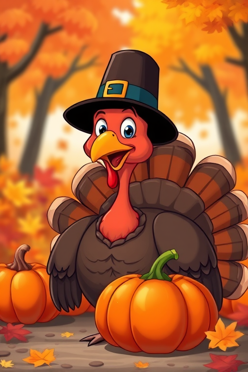 create a vibrant cartoon of a turkey wearing a pilgrim hat standing beside a pumpkin in a colorful fall setting, use a wide-angle lens at f/4 for shallow depth of field, set ISO to 100 for high image quality, employ a digital SLR camera for sharp details and rich colors