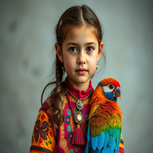 A beautiful Ashkenazi girl, wearing colorful bird clothing with vibrant colors