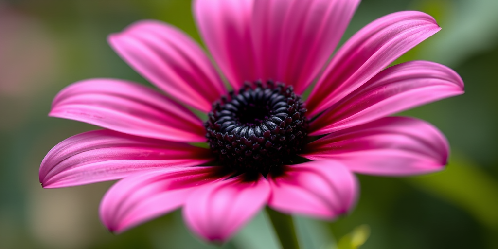 close-up of a pink flower with a dark center, soft focus background, ISO 100, f/2.8 aperture, 50mm lens, shot on a DSLR camera, natural light.