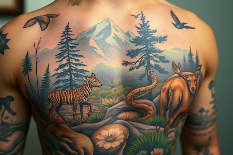 Photorealistic nature tattoo named "Wild Serenity" depicting a hyper-detailed landscape scene with animals and plants so lifelike they appear to be a photograph imprinted on the skin