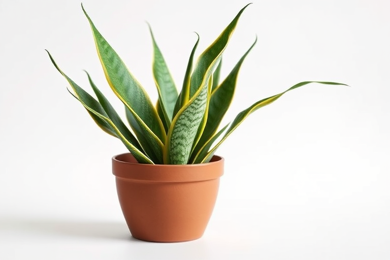 Create an image of a snake plant in a brown pot with a clean white background, using a DSLR camera at f/4.0 aperture, 50mm lens, ISO 100, with natural lighting and a shallow depth of field for enhanced focus on the plant.