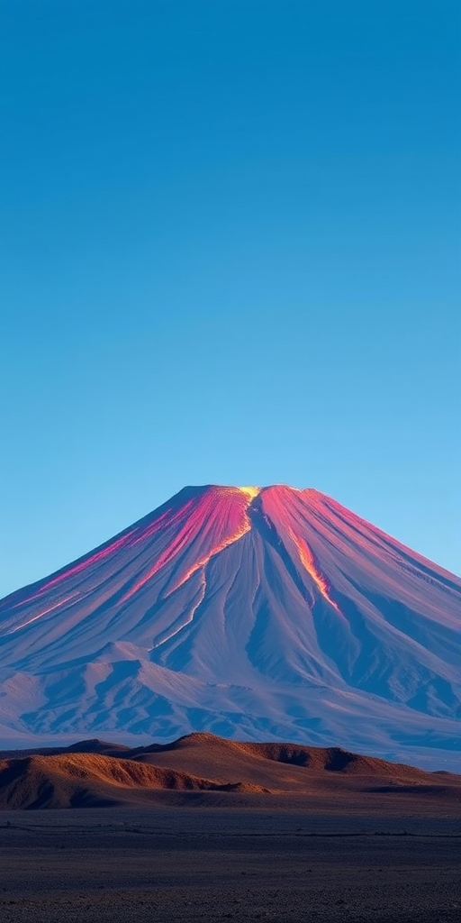 Create a high-resolution illustration of a volcano with a red hue in front of a clear blue sky, using a digital painting style, with a focus on sharp details and a standout foreground, simulated with a Canon EOS 5D Mark IV, at f/8, ISO 100, 50mm lens, capturing a vibrant color depth and contrast.