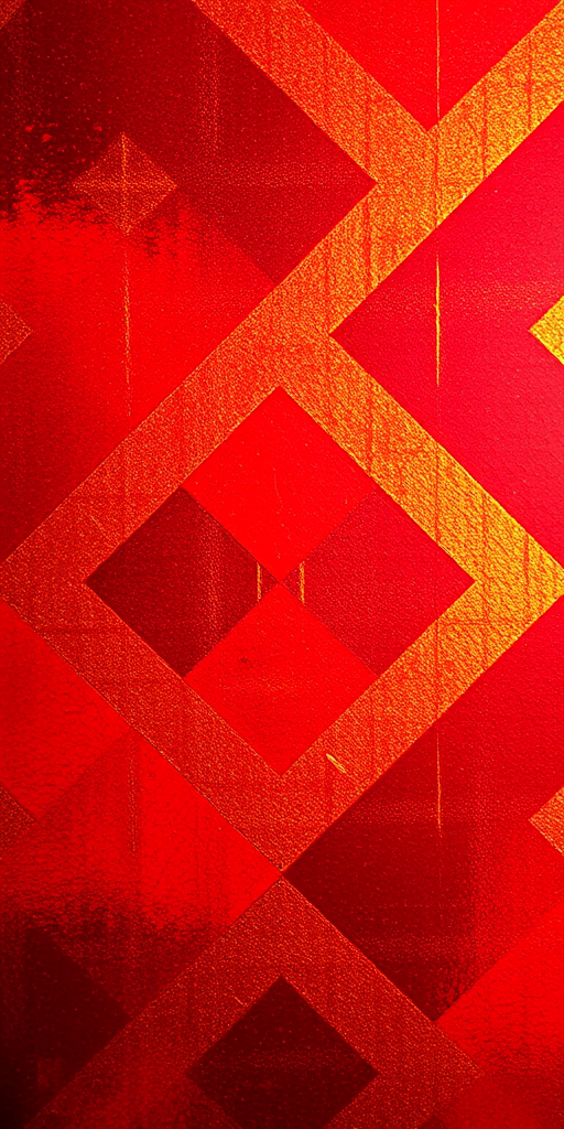 Create a vibrant abstract image with alternating red and gold patterns, incorporating geometric shapes and textures, captured with a DSLR camera at f/8 aperture, 1/125 sec shutter speed, ISO 100, with a close-up framing to enhance details and colors.