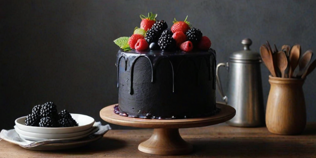 Create an image of a tall, elegant cake with a smooth black exterior. The cake is topped with an assortment of fresh berries, including blackberries and blueberries. The setting should have a rustic wooden table and a soft, moody lighting that enhances the cake's sophistication. Include a few vintage kitchen items in the background for a cozy atmosphere.