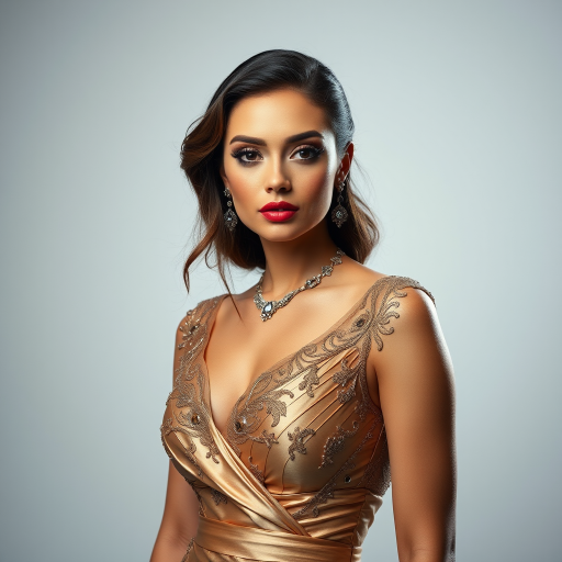 Studio portrait, female model, elegant couture dress, bold makeup, dramatic lighting, Shoot over the shoulder using a telephoto lens to focus on small details like jewelry, makeup, or fabric textures