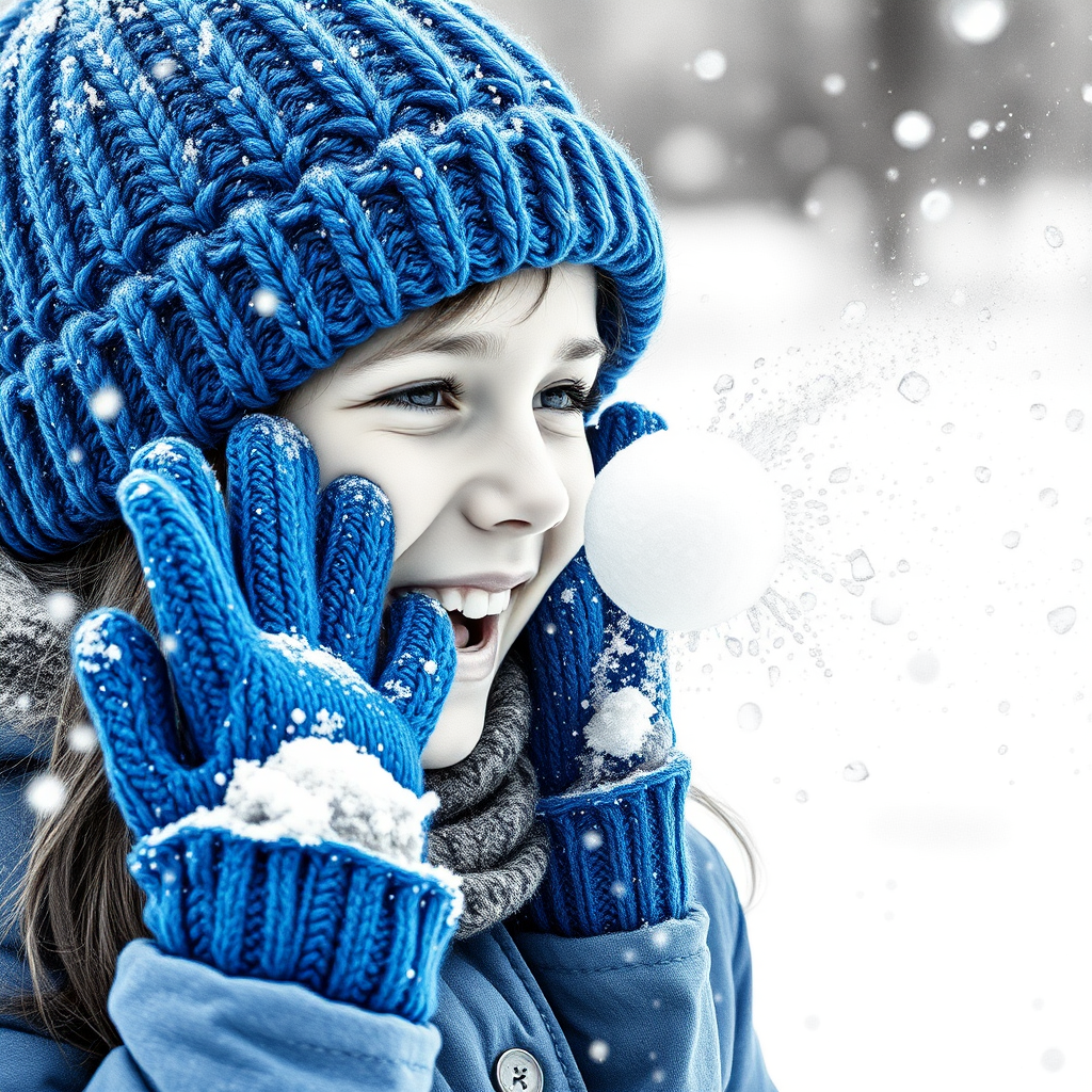 A hyperdetailed photorealistic macro image black and white pencil sketch of a young girl getting hit by a snowball during a snowball fight. She is wearing a brilliant sapphire blue wool beanie and bright blue mittens. She is trying to block the snowball by putting her hands up. The snowball hits her beanie and disintegrates into myriad tiny snowflakes caught with high speed photography. The girl is laughing and having a wonderful time.
