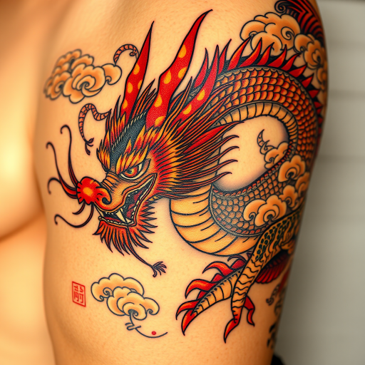Japanese irezumi tattoo titled "Dragon's Breath" showcasing a fierce dragon with intricate scales and swirling clouds in rich shades of red gold and black covering a large area of skin
