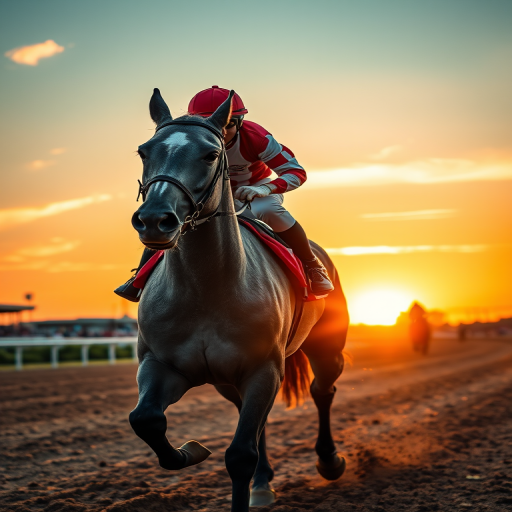 Regenerate a dynamic image of a jockey riding a gray horse on a racetrack at sunset, using a DSLR camera with a 50mm lens, aperture set to f/2.8, shutter speed at 1/1000s, ISO 200, shooting from a low angle to emphasize the action, in vibrant color style to enhance image quality.