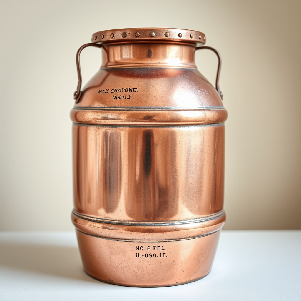 Create an image of a vintage copper milk churn displayed against a neutral background, shot with a DSLR camera, aperture f/2.8, shutter speed 1/250 sec, ISO 100, using a macro lens for enhanced detail and clarity.
